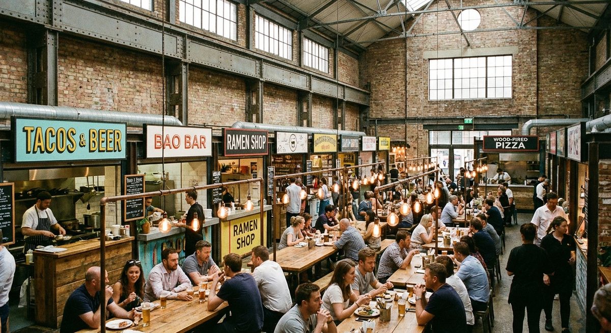 Industrial food hall interior with exposed brick
