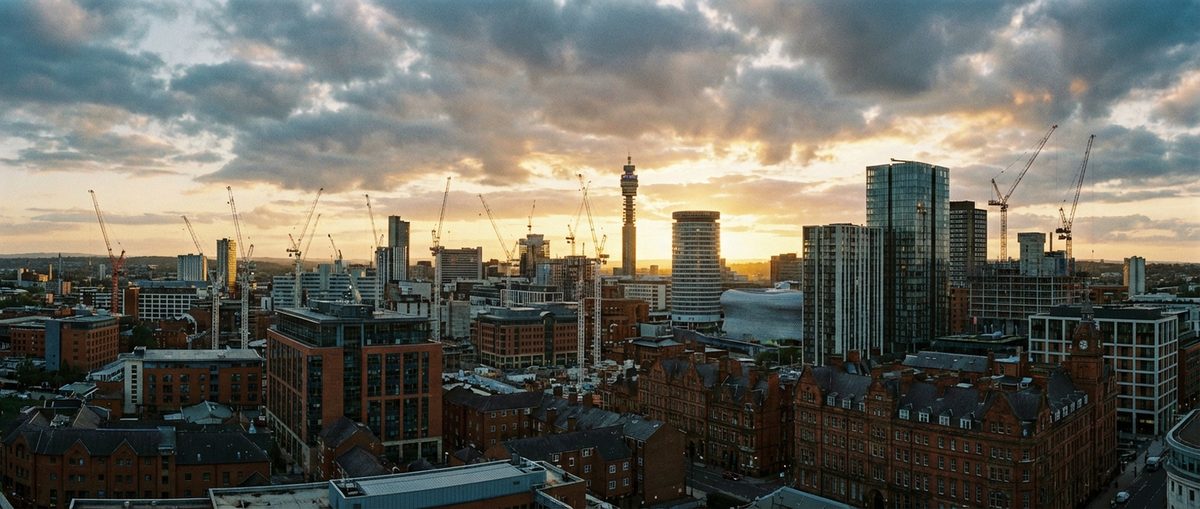 Birmingham city skyline with construction cranes