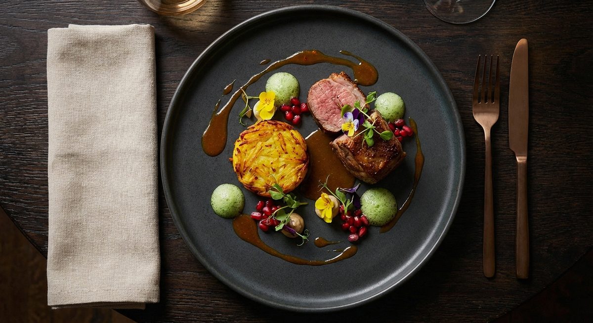 Fine dining dish on dark ceramic plate