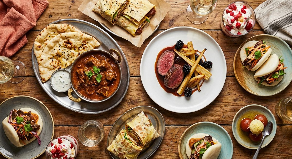 Diverse spread of dishes on restaurant table