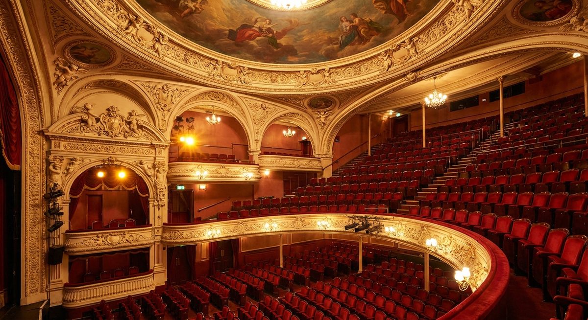 Grand theatre auditorium with red velvet seats
