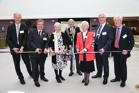 Bournville Gardens Village official opening - L-R Peter Roach, Chief Executive of Bournville Village Trust, Cllr John Cotton, cabinet member for Neighbourhood Management and Homes, Myfanwy Sinclair, future Bournville Gardens resident, Lord Mayor of Birmingham Cllr Raymond Hassall, Norma Broadbridge MBE, future Bournville Gardens resident, Mark Curran, Acting Chief Executive of The ExtraCare Charitable Trust, Duncan Cadbury, chair of Trustees at Bournville Village Trust
